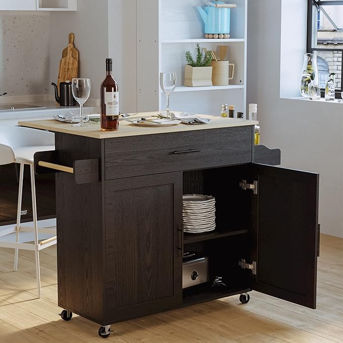 IRONCK Rolling Kitchen Island Cart with Drop-Leaf and Wine Rack, Black | Wheels, Drawers, Open Shelves, Adjustable Shelves, and Spacious Drawer Storage