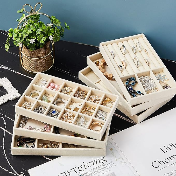 Junkin 18 Pcs Jewelry Drawer Organizer Inserts, Stackable Jewelries Inserts for Dresser Drawers, Drawer Insert Organizers Velvet Jewelry Trays for Rings Earring Bangle Necklace(Beige)
