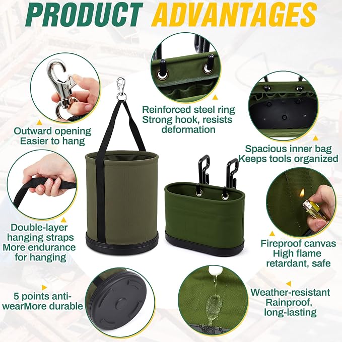 2 Pack Canvas Bucket & Oval Tool Bag, Bucket Tool Organizers with Reinforced Bottom and Hook for Lineman Electrician Construction Workers (Army Green + Black)