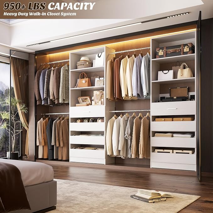 Aheaplus Closet System with 4 Drawers, 3.4-7FT Small Wood Closet Organizer System, Walk-in Closet Wardrobe with Tower and 4 Hang Rods, Built In Closet Insert System, Fits Spaces 4ft, 5ft,6ft,7ft,White