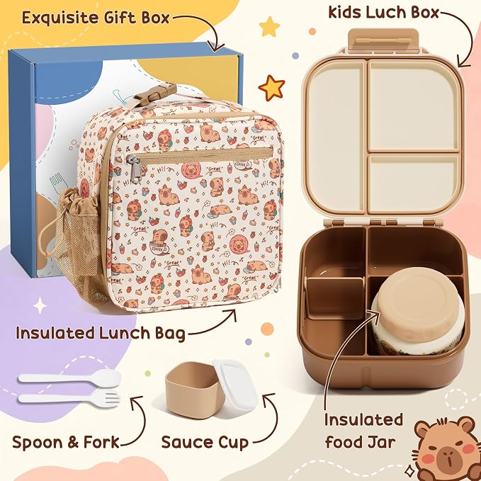 Fimibuke Kids Bento Lunch Box w/ 8.5oz Thermo Food Jar, Insulated Lunch Bag | Leak Proof 3-4 Compartments 60oz Toddler Lunch Food Container with Utensils, Sauce Cup for School Boys Girls, Dishwasher Safe