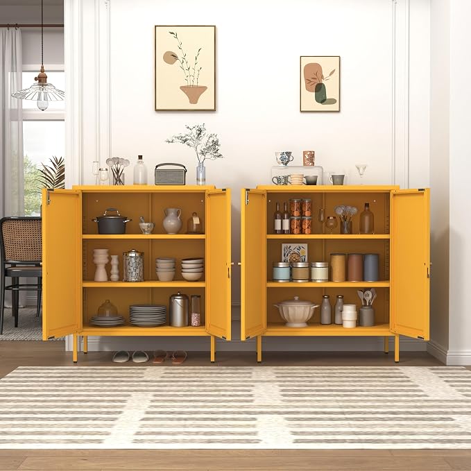 Metal Storage Locker with Djustable Shelves 36" H Lockable Modern Lockers Home Organization Cabinet 2-Door Durable Metal Cabinet for Bedroom Entrance Yellow 36" H X 31.5" W X 13.8" D