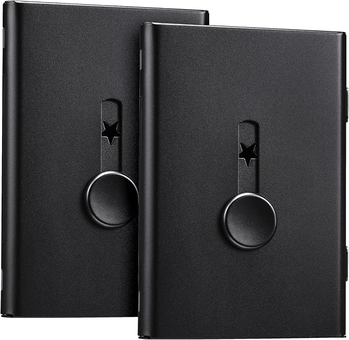 Tatuo 2 Pcs Black Business Card Holder Thumb Drive Stainless Steel Business Name Card Case Portable Slide out Name Holder Wallet Nice Design Pocket for Men and Women
