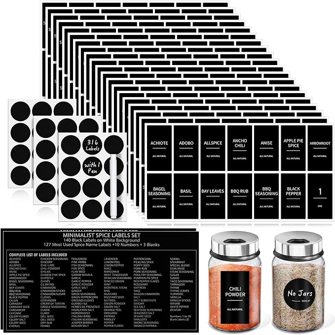 Segarty Spice Labels, 316 Pcs Square Black Preprinted Pantry Label and Blank Stickers with 1 Chalk Marker, Removable Write On Sticker for Food Container, Condiment Jars, Seasoning Bottle