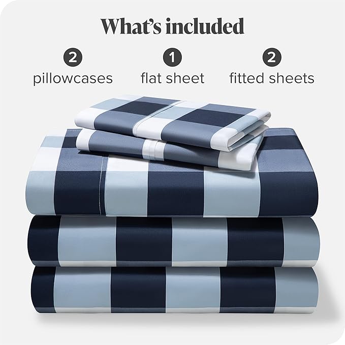 Bare Home Split King Sheet Set - 1800 Ultra-Soft Microfiber Bed Sheets - Double Brushed - Deep Pockets - Easy Fit - 5 Piece Set - Bedding Sheets & Pillowcases (Split King, Gingham Blue)
