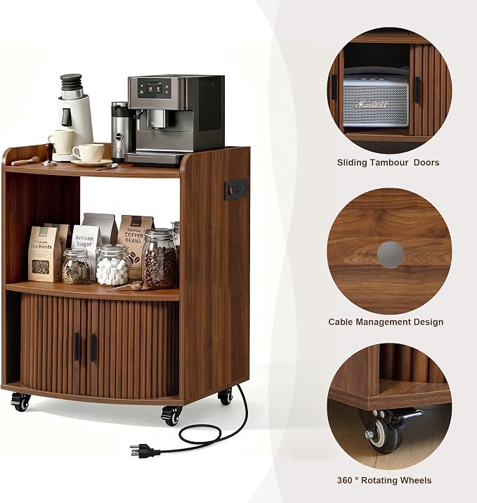 Bifins Coffee Bar Cart for Home, 3 Tier Rolling Serving Carts with Wheels | Coffee Cart with Removable Metal Brackets and Sliding Doors,Mobile Liquor Sideboard Cabinet for Home Bar, Kitchen
