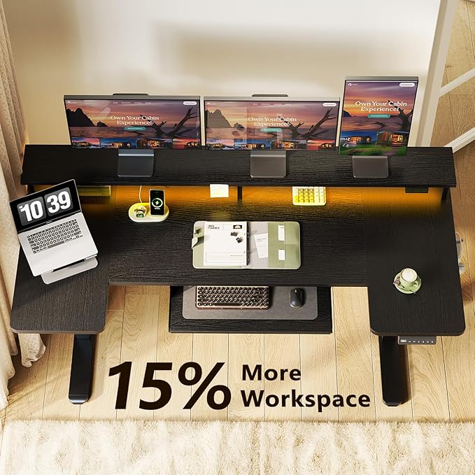 OffiGo 63 Inch U Shaped Electric Standing Desk with Keyboard Tray, Black | 3 Outlets & 2 USB Ports, Dual-Monitor Stand, 10 Colors & 10 LED Modes, 3 Presets, 28.3"-46.5"in Range, 154 lb Capacity