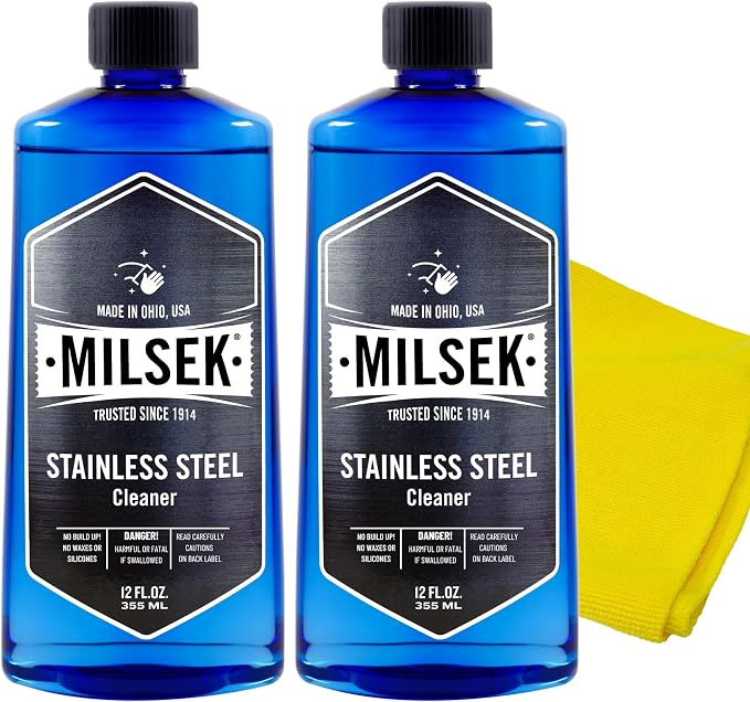 Milsek Stainless Steel Cleaner - Multipurpose Cleaning Supplies for Home and Kitchen Appliances, Sink, Stovetop, Dishwasher, Microwaves and Refrigerators - 12 Fl Oz (Pack of 2) with Microfiber Towel | Two bottles of stainless steel cleaner with microfi...
