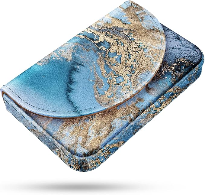 Business Card Holder，PU Leather Business Card Case Color Printing Pattern Card Holder Wallet，Pockets Magnetic Credit Card Holders for Men and Women，Blue Marble