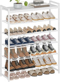 6 Tier Shoe Rack Organizer for 24-30 Pairs, Tall Metal Shoe Storage Shelf with Wood Top, Adjustable Boot Space, Narrow Design for Entryway Closet, White