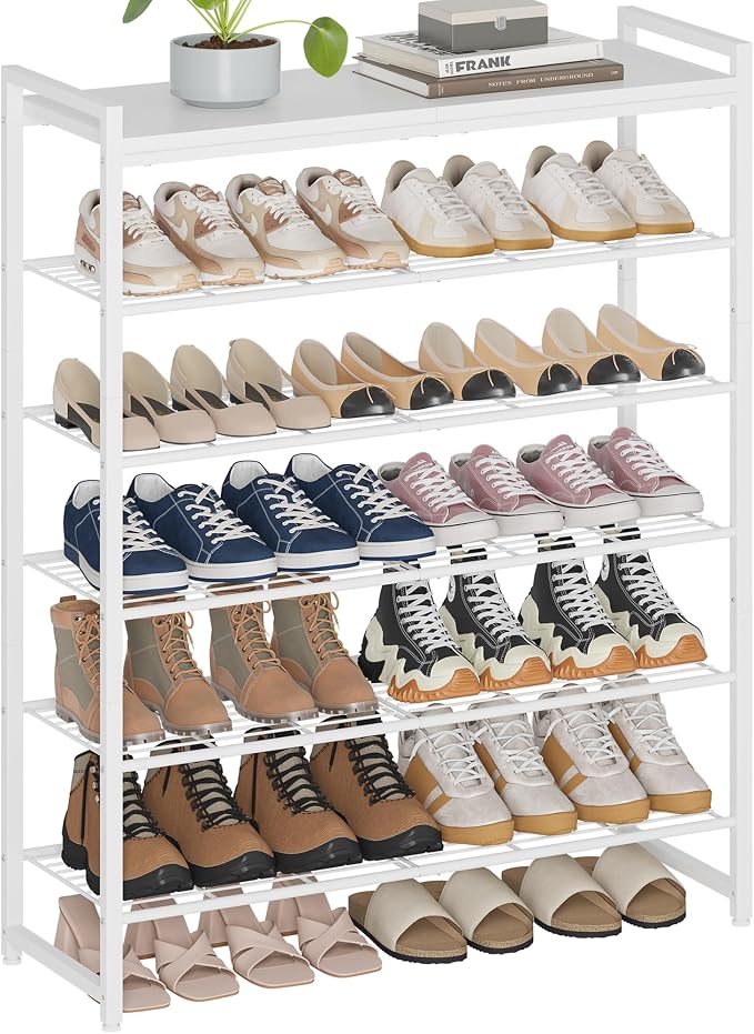 6 Tier Shoe Rack Organizer for 24-30 Pairs, Tall Metal Shoe Storage Shelf with Wood Top, Adjustable Boot Space, Narrow Design for Entryway Closet, White