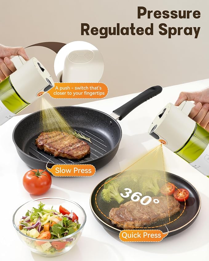 Olive Oil Sprayer & Dispenser Bottle for Cooking 17oz Dark Glass Oil Mister | 2-in-1 Sprayer & Pourer, Leakproof, Fine mist, Light-Blocking, Wide Mouth for Easy Refill & Clean, 8 Oil Labels, Reusable
