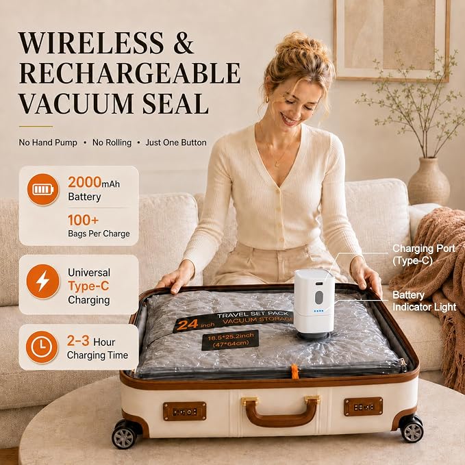 Travel Vacuum Storage Bags with Pump, Cordless Portable Vacuum Seal Bags for Clothing, Electric Rechargeable Pump Space Saver Bags Thicker Compression for Blanket, Luggage, Home Organization