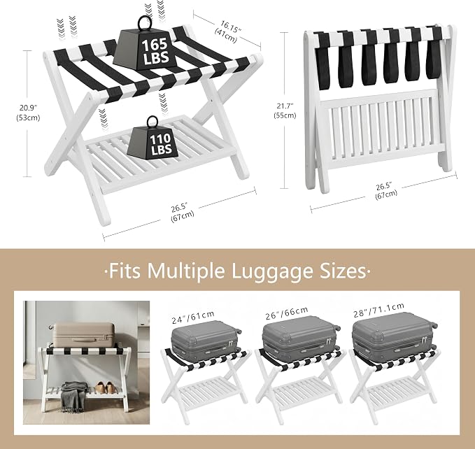 Heybly Luggage Rack for Guest Room,Set of 2, Bamboo Folding Luggage Stand & Suitcase Holder, 5 Heavy-Duty Straps,Holds up to 165 Lbs, Heavy Duty Luggage Rack for Bedroom Hotel, White, HLR013W2