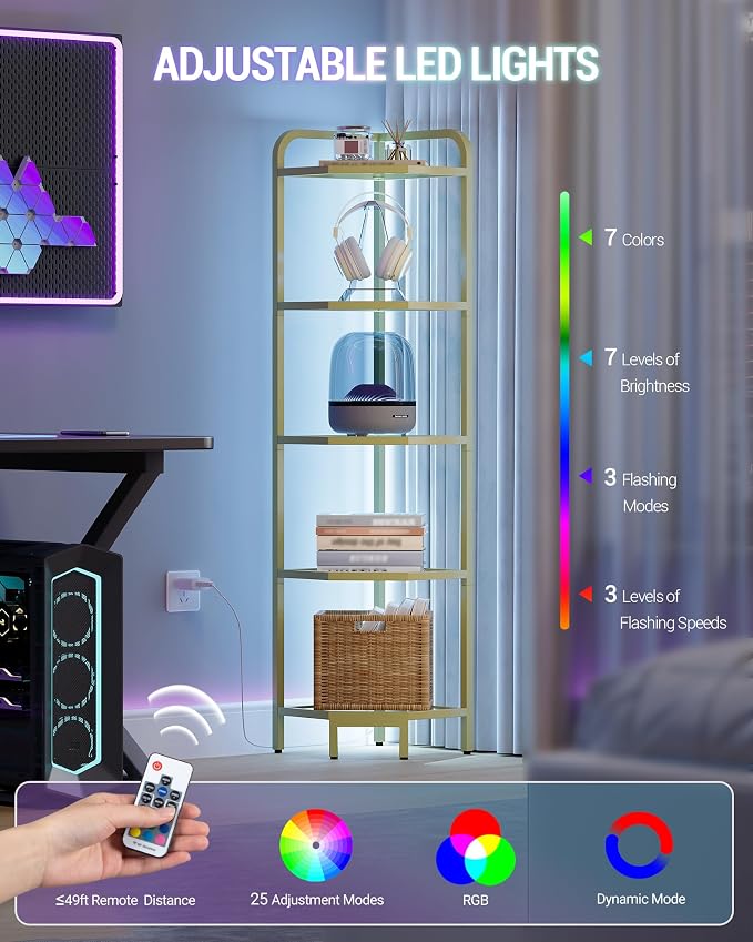 Hzuaneri Corner Shelf with LED Lighting, 6-Tier Glass Bookshelf | Steel Frame, Tempered Glass, Modern Style Corner Shelf, Suitable for Living Rooms, Bedrooms and Games Rooms