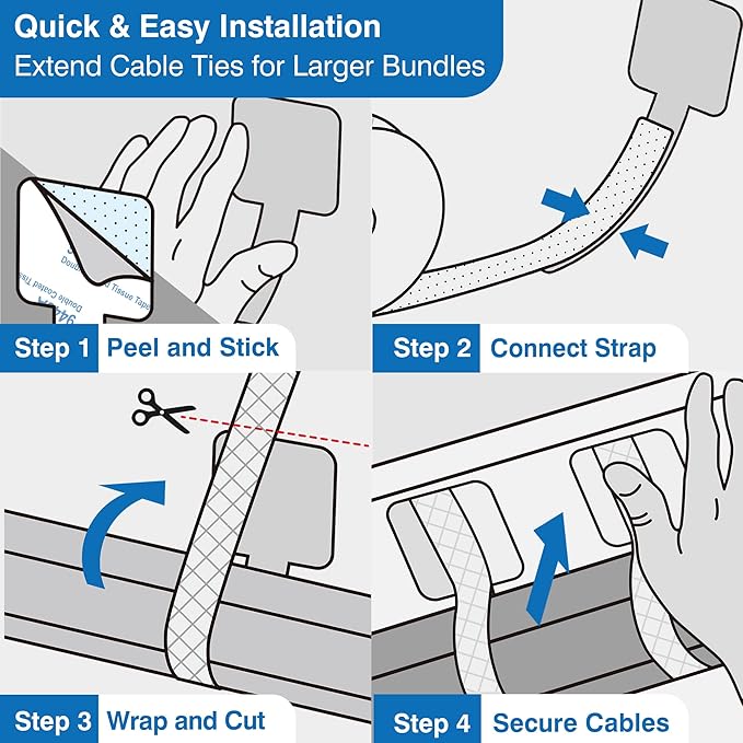Cable Management Kit – 40 Self-Adhesive Hook & Loop Cable Ties with 2 Extension Straps, Strong Adhesive Cord Organizer for Desk, Wall, Home & Office, Adjustable Wire Holders, Grey & White