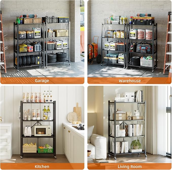 Fenbeli Foldable Shelves with Wheels - 4 Tier Folding Shelf, Collapsible No Assembly Metal Shelving Unit, Origami Storage Shelves & Rolling Storage Rack with 8 Hooks for Kitchen Pantry Garage