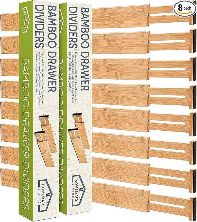 Bamboo Drawer Dividers Adjustable & Expandable, Kitchen Drawer Organizer, Ideal for Silverware, Dresser Drawers Organizer or Bedroom & Bathroom Drawers Organizers (8pk)