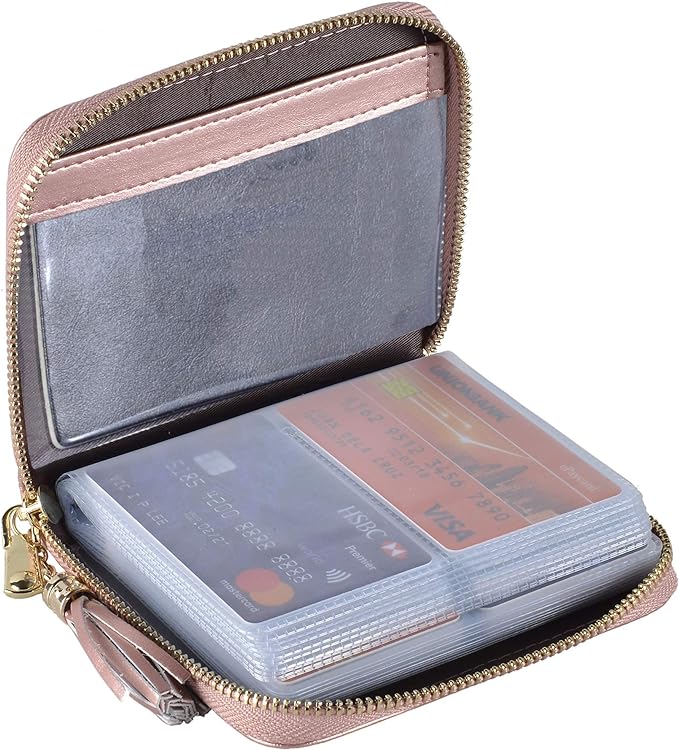 Easyoulife Womens Credit Card Holder Wallet Zip Leather Card Case RFID Blocking (Rose Gold)