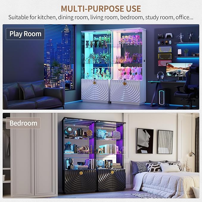 Lvifur 71'' Display Cabinet with Glass Doors,4-Tier Curio Cabinet with 3-Color Lights for Collectibles,Lockable Glass Display Case with Human Body Sensor,Tall Bookcase w/Shelves&Drawers,Black