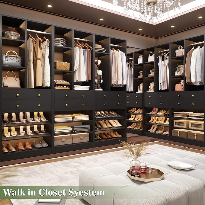 Besiost Closet System, 84"/7 FT Closet Organizer System with 6 Drawers and Shelves, Walk-in Closets Systems, Free Standing Reach in Closet Tower, Load 1800+LBS, Black 3 Pack