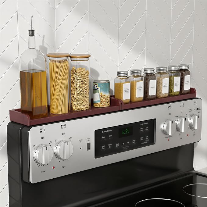 Magnetic Stove Top Shelf 30 Inch – Walnut Finish Over the Stove Shelf for Flat Top Stoves, Bamboo Wooden Stove Shelf, Strong Magnetic Spice Rack Organizer, No Drilling