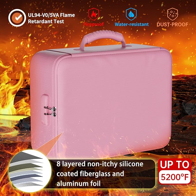 DocSafe 5200°F Fireproof Document Organizer Box with Lock, Pink (Soft) | Heat Insulated 8 Layers File Protection Bag,Water-Resistant Zipper,Portable Home Office Travel Safe Storage for Files,Laptop