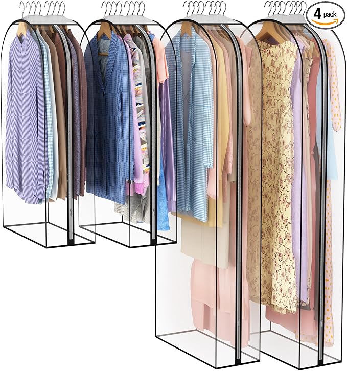 Liuoud Clear Garment Bag for Hanging Clothes 10” Gusseted, 40&60” Suit Bags for Open Closet Storage Plastic Clothes Cover for Coat, Dress, Shirts, Fur, Jacket, Wardrobe Protectors, 4 Pack