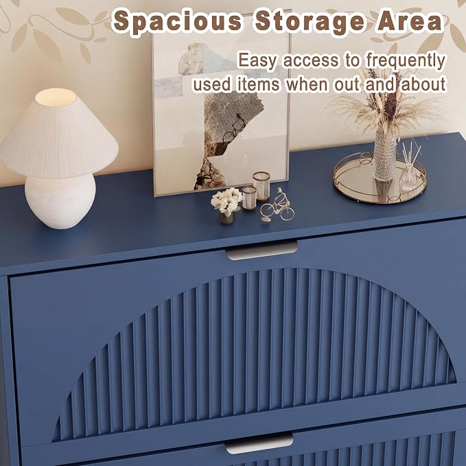 Shoe Storage Cabinet with 2 Flip Drawers, Narrow Wood Shoe Organizer Cabinet with Fluted Panel, Slim Shoe Rack for Entryway, Freestanding Shoe Cabinet for Living Room, Hallway, Blue