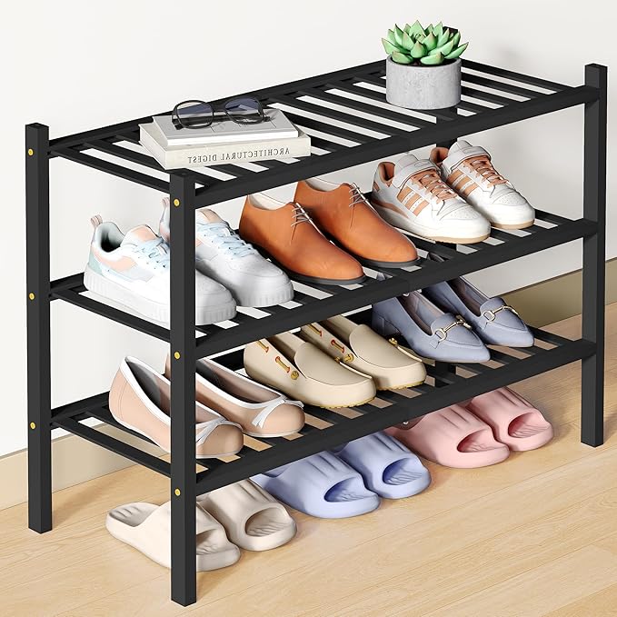 Smiry Bamboo Shoe Rack for Closet, 3 Tier Wooden Shoe Organizer, Stackable Wood Shoe Storage Shelf for Entryway, 14 Vertical Slats, One-piece Heavy-Duty Legs, 26.77"x11.02"x18.31", Black