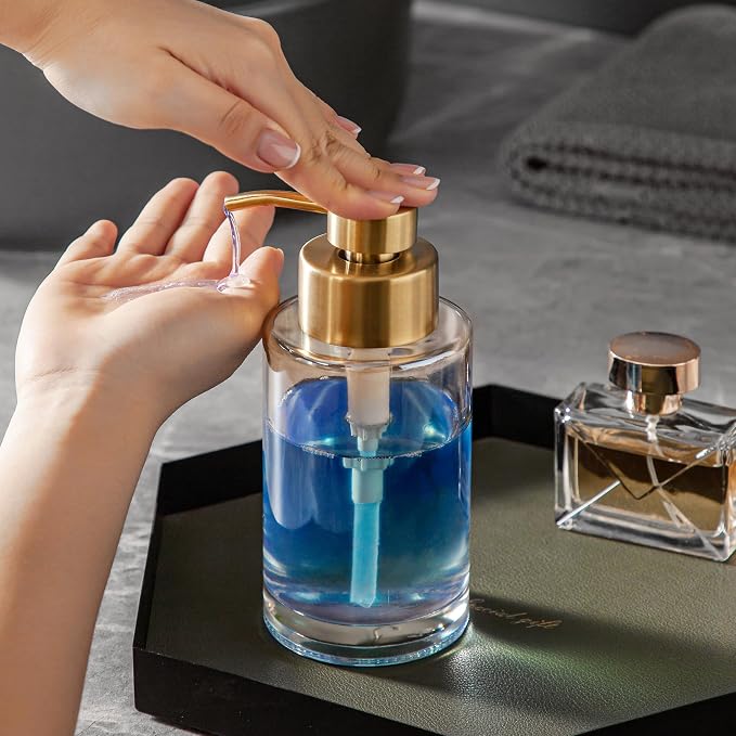 Enra Thick Glass Soap Dispenser with Stainless Steel Pump,12oz Gold Bathroom Hand Liquid Soap Dispensers,Lotion Dispenser,Soap Dispenser for Bathroom,Kitchen