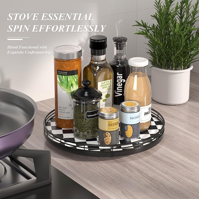 Black and White Kitchen Lazy Susan Turntable – Round Checkered Decorative Tray, 12” Table Top Oak Wood Lazy Susan for Cookies, Dining Table Organizer, Small Kitchen Table Centerpiece