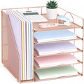 LEKETREE Desk Organizers and Accessories, 5-Tier Paper Letter Tray Organizer with File Holder, Desktop Organizer for Office Supplies (Rose Gold)