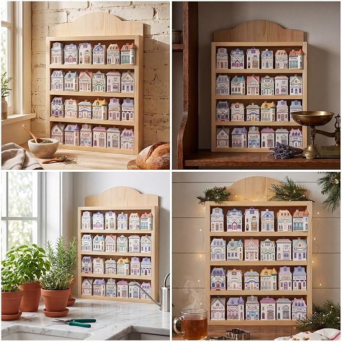 Chunful Vintage Spice Jar Wooden Rack Burlywood DIY Paintable Spice Shelf for 24 Jars, Village Style Wall Mounting Kitchen Storage Decorative Hanging Display Rack, Shelf Only