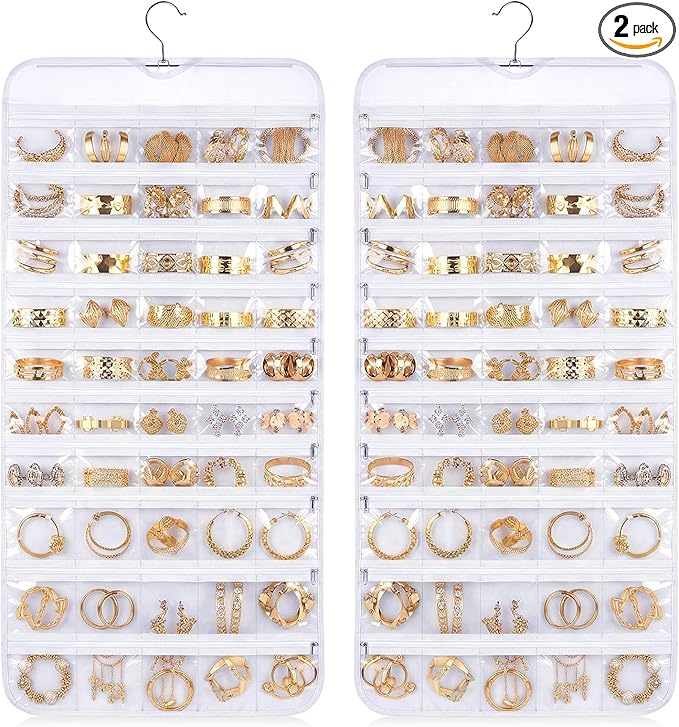 2 Pack Hanging Jewelry Organizer 80 Zippered Pockets 80-Pocket Dual-sided Jewelry Storage for Necklace Bracelet Earring RingsTravel Holder - White