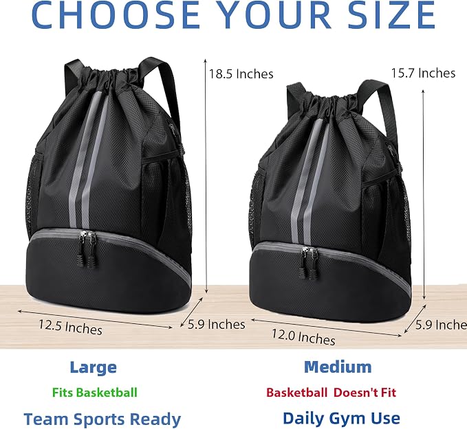 JELUTAR Drawstring Backpack Gym Bag with Shoes Compartment, Black | Water-Resistant String Backpack for Soccer, Basketball, Swim, Beach Cinch for Women Men, 18 L Large Capacity, Wet Pocket