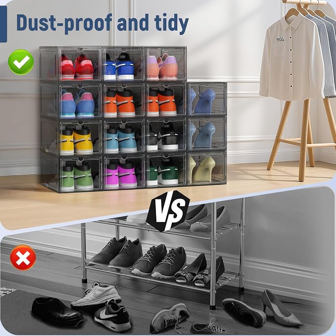 10 Pack Thickened Clear Stackable Shoe Organizer Storage Boxes with Magnetic Door, Sneaker Display Cases for Closet, Entryway & Under Bed Storage, Space Saving Shoe Storage Solution, Gray