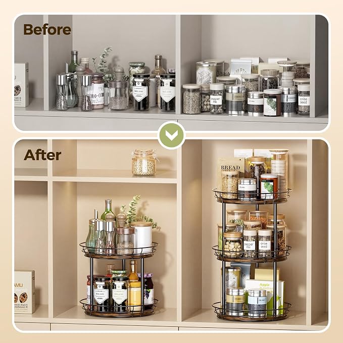 LAMU 12'' Lazy Susan Turntable Organizer, 2 Tier Round Rotating Spice Rack Organization for Kitchen Cabinet and Countertop, Wooden Lazy Susan for Table Top, Pantry, Bathroom, Vanity, Home Decor