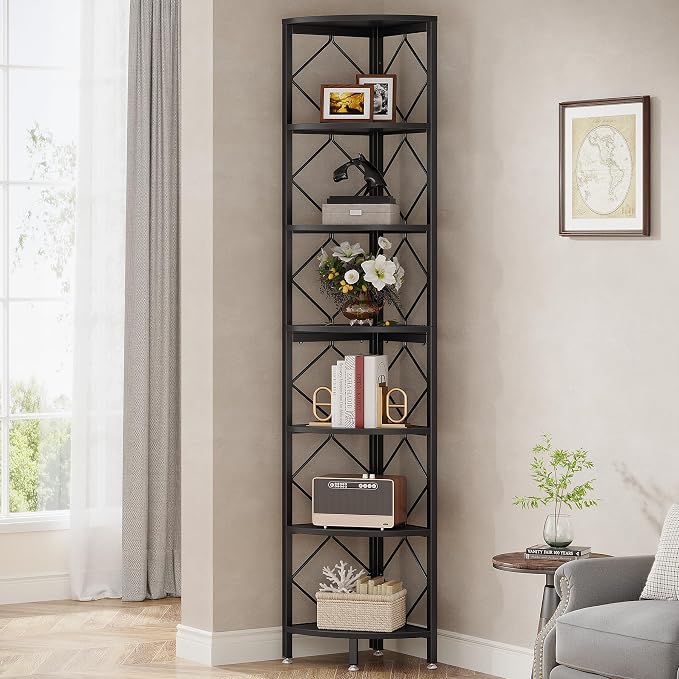 Tribesigns 7-Tier Corner Shelf, 78.7” Extra Tall Corner Bookcase, Industrial Slim Corner Bookshelf for Small Narrow Space, Wood Corner Shelf Stand Storage Rack for Living Room, Home Office