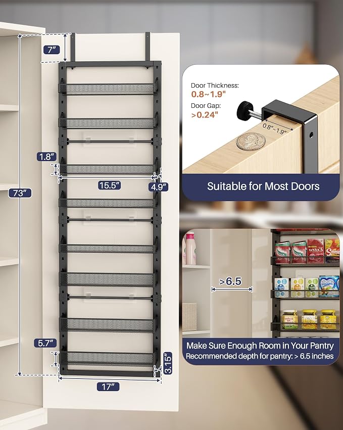 8 Tier Pantry Door Organizer, 2 IN 1 Over the Door Pantry Organizer with Metal Adjustable Baskets,Spice Rack Wall Mount or Door Organizer, Door Spice Rack for Pantry