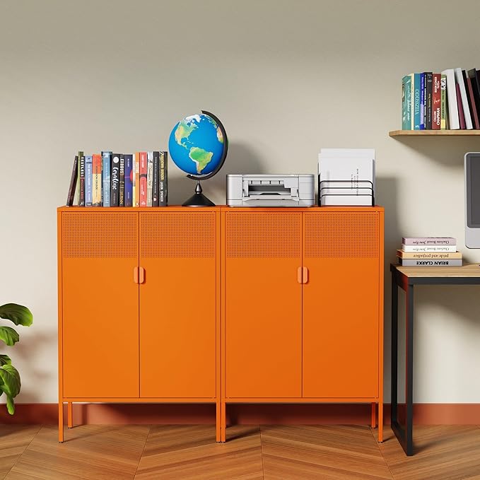 Ustamio Orange 3 Tier Metal Storage Cabinet with Legs, 2 Door Metal Locker Style Accent Storage Cabinet with 2 Adjustable Shelves for Home, Office, Entryway and Hallway