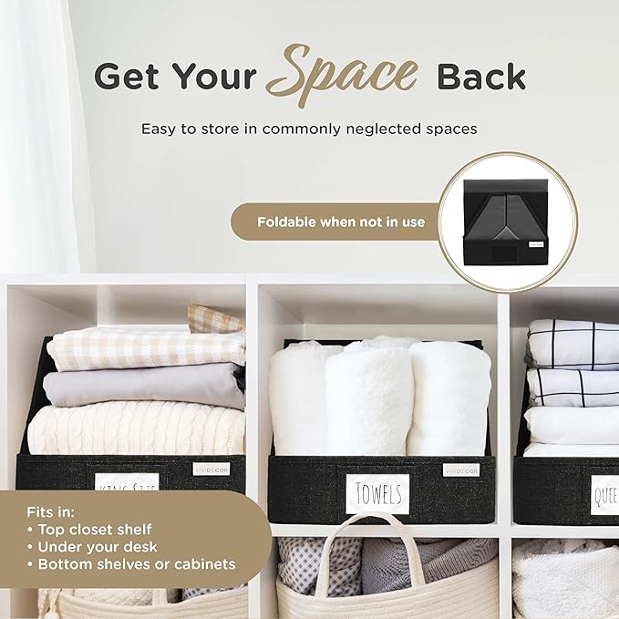 VIVIDECOR Trapezoid Closet Bins for Shelves – 12x12x10 Fabric Storage Baskets, Collapsible Organizer Boxes for Bedroom, Jeans, Sweaters– Black, 3 Pack