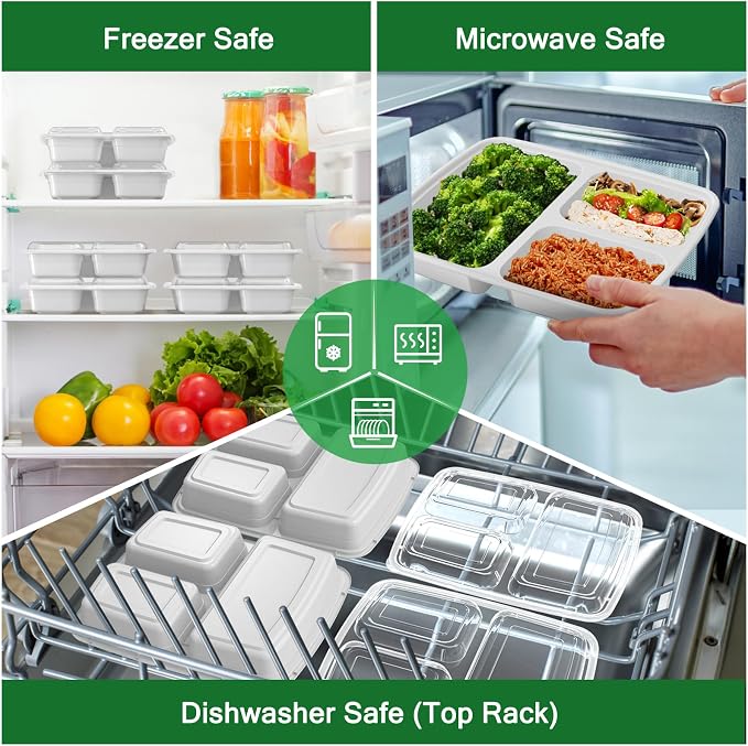 50 Pack (100-Piece) 32 oz Meal Prep Containers Reusable with Lids 3-Compartment, To Go Take Out Plastic Food Storage Containers, Sturdy Leakproof Food Safe, Microwave Freezer Dishwasher Safe, Silver