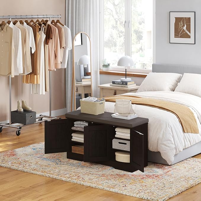 DINZI LVJ Shoe Bench, Entryway Storage Bench with Doors, Cushion, 3-Tier Shoe Rack with 9-Cubby, 39.4" L x 13.8" W Shoe Organizer Cabinet, Fully Adjustable Shelves, Living Room, Bedroom, Espresso