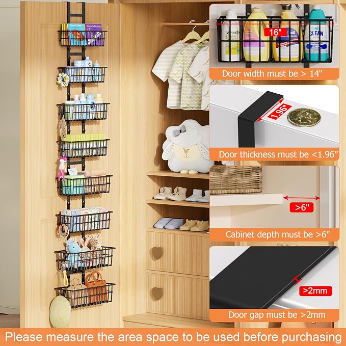 Hongtamoya 8 Tier Over The Door Organizer, Adjustable Hanging Door Organizer with 8 Wire Baskets 6 Hooks, Behind The Door Storage for Pantry Closet Bedroom Bathroom Cabinet Kitchen Laundry Room, Black