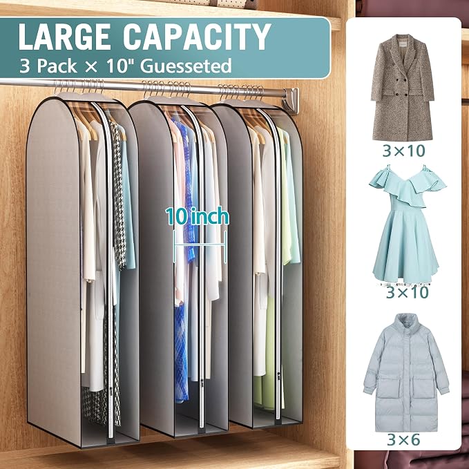 Liuoud 10" Gusseted Garment Bags for Hanging Clothes 50" Suit Bags for Open Closet Storage, Side Clear Clothing Cover for Coat, Dress, Jacket, Shirt, Fur Wardrobe Protector, 3 Packs, Grey