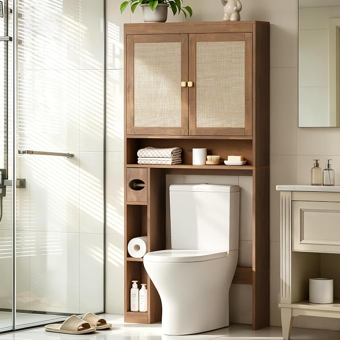 Over The Toilet Storage Cabinet Bathroom Shelf Over Toilet Bathroom Organizer Space Saver Rack with Adjustable Shelf (Brown- Yellow, Rattan Style)
