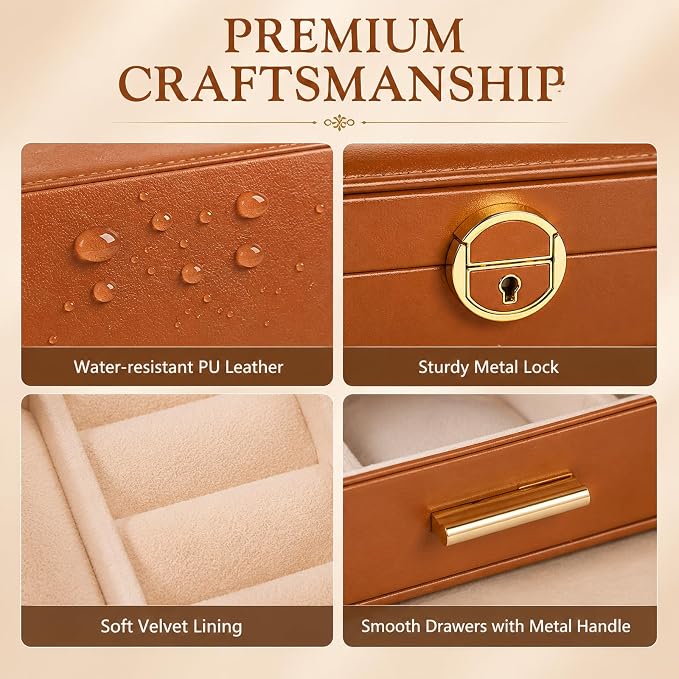 Jewelry Box for Women, Large Dresser Top Organizer with 3 Layers & 2 Drawers, PU Leather Storage Case for Earrings, Necklaces, Rings, Giftable Vanity Box (brown)