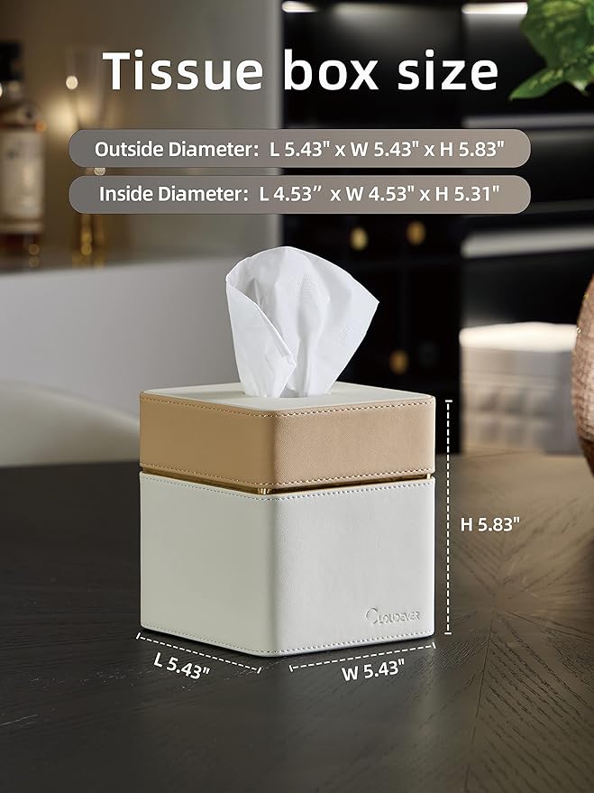 Tissue Box Holder Cover Square, Modern PU Leather Decorative Tissue Cube Holder Organizer-Apricot Cream