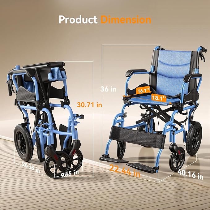 Lightweight Transport Wheelchair for Adults, Versatile Transport Wheel Chair, Supports 300 lbs, Self-Braking, Foldable & Portable, for Seniors, Elderly and Disabled
